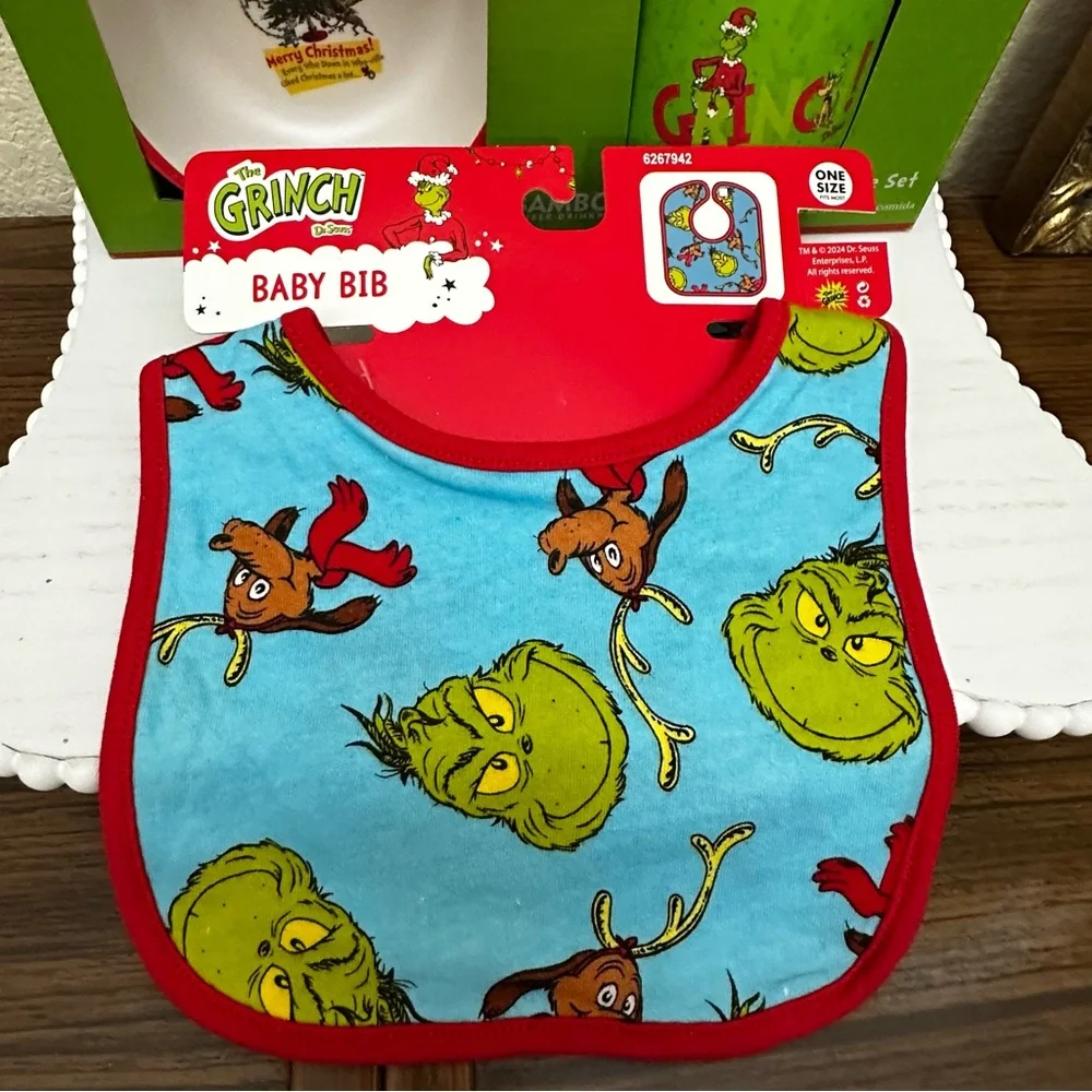 New- Dr. Seuss The Grinch Baby Bib and Dish Set Blue, Green & White